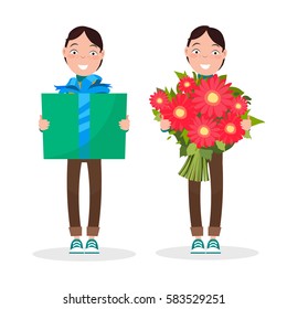 Boys with a bouquet of flowers and gift box