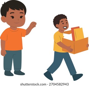 Chicos con Box, dos chicos están en la foto. Uno lleva una caja.