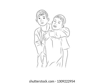 Boys, brothers, love each other drawing with line-art on white backgrounds.vector illustration.
