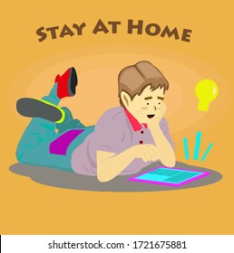 boys browsing internet stay at home vector