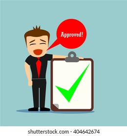 boys cartoon character and big board with tick sign