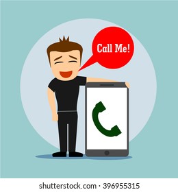 boys cartoon character and big smartphone with outgoing call logo 