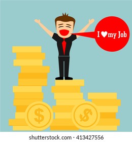 boys cartoon character - love my job on a pile of money