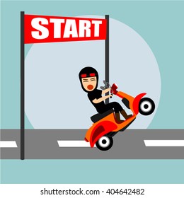 boys cartoon character using scooter at the starting line 