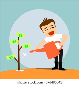 Boys cartoon character - watering the money tree