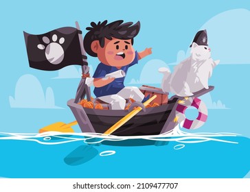 boys and cat kitten pirates sailing inboat inopensea water play character captain with black flag