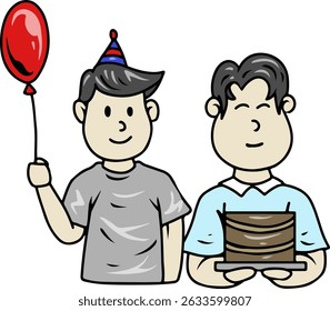 Boys Celebrating with Birthday Cake and Balloon