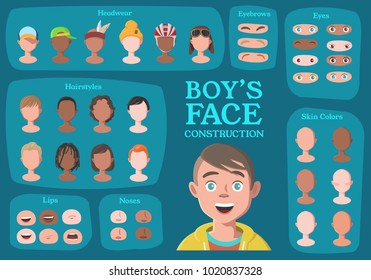 Boy's Character Constructor. From Student to Hipster. Cartoon Boy's Face Parts, Creation Spare Parts. Cartoon Style Faces. Body Part. Vector Illustration