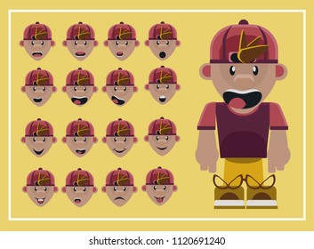 Boys character creation set. Icons with different types of faces and emotions, front view. Moving arms, legs. Vector illustration