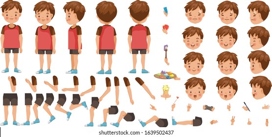 Boys character creation set. Icons with different types of faces and hair style, emotions,  front, rear, side view of male person. Moving arms, legs. Vector illustration