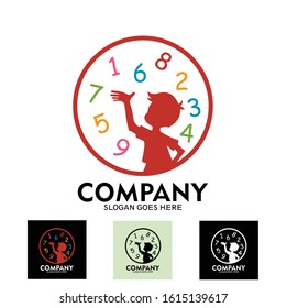 The boy's character logo displays numerical symbols of numeracy, education, learning, science