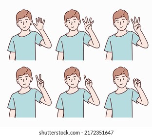 Boys character raise their hands to show the count number 1,2,3,4,5 sign. Hand drawn in thin line style, vector illustrations.