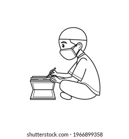 Boys Character Read the Koran, Wearing Muslim Caps, Clothes, and Face Mask. Vector Illustration. Coloring Book.