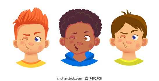 Boys character set. Emotions of children face. Face vector illustration