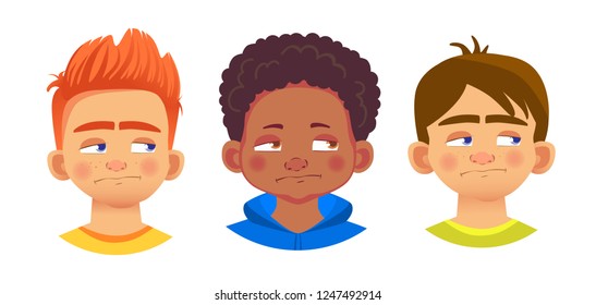 Boys character set. Emotions of children face. Face vector illustration