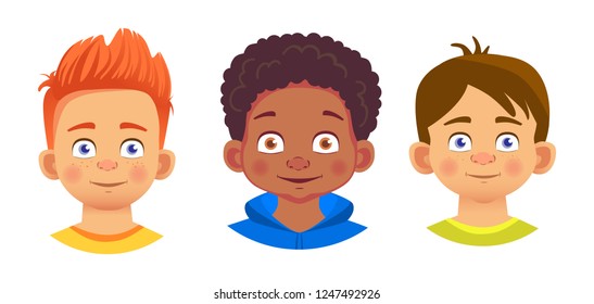 Boys character set. Emotions of children face. Face vector illustration