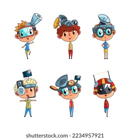 Boys Character in Steampunk Headgear with Satellite and Antenna Vector Set