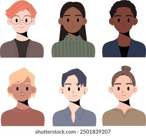 Conjunto de avatares de personajes masculinos. Retratos de jóvenes sonrientes cara. Avatar de empleado, perfil de persona profesional. Ilustraciones vectoriales gráficas planas.