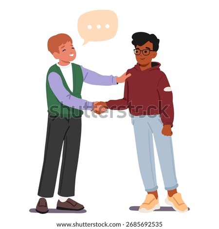 Boys characters friendship handshake vector illustration. Elementary age school boy shaking hand of classmate supporting and talking to newcomer with friendly speech isolated on white background