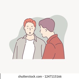 The boys characters talk to friends  hand drawn style vector design illustrations 