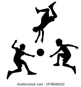 Boys, children with a ball. Black silhouette, vector illustration.