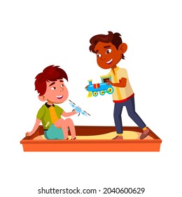 Boys Children Playing In Sandbox Together Vector. Asian And Indian Guys Kids Play With Drone And Train Toys In Sandbox. Characters Recreation On Playground Flat Cartoon Illustration