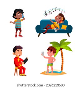 Boys Children Using Smartphone Device Set Vector. Kids Talking On Smartphone And Playing Game, Listening Music And Photographing. Characters Use Digital Gadget Flat Cartoon Illustrations