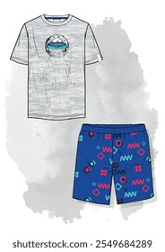 boys clothes design set. tshirt and shorts. ufo pattern design and more