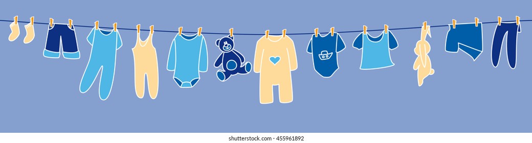 Boys' clothes and toys drying on the clothesline. Banner.