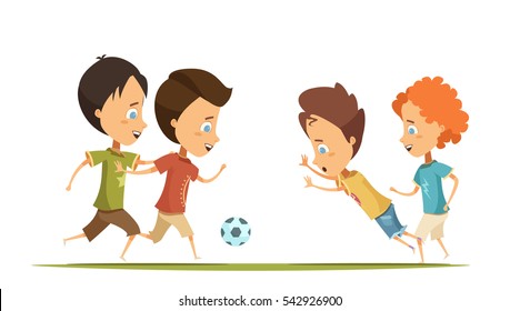 Boys in colorful clothing with emotions on faces playing soccer on green field cartoon style vector illustration