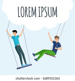 Boys in comfortable clothes sitting and standing on swing flat card concept with text space. Boys having fun outdoor. Recreational center, summer camping, fun outdoor vector flyer template.