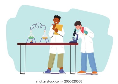 Boys Conduct Chemical Experiment. Children Characters Study Chemistry in Classroom Experimenting in Lab with Test Tubes and Science Tools. Kids Chemist Students. Cartoon People Vector Illustration