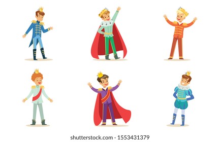 Boys in costumes of kings and princes. Vector illustration.