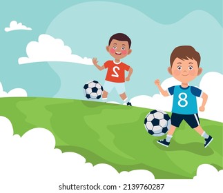 boys couple practicing soccer characters