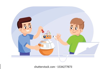 Boys creating robot flat vector illustration. Designing and programming for kids. Computer science for children. Robotics courses. Young students ready to connect droid to laptop cartoon characters