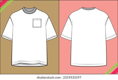 BOYS CREW NECK WITH POCKET TEE FLAT SKETCH FASHION TEMPLATE TECHNICAL ILLUSTRATION