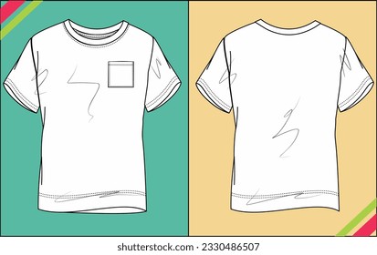 BOYS CREW NECK SHORT SLEEVE, POCKET, REGULAR SKETCH FASHION TEMPLATE TECHNICAL ILLUSTRATION