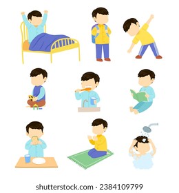 boy's daily activities illustration set