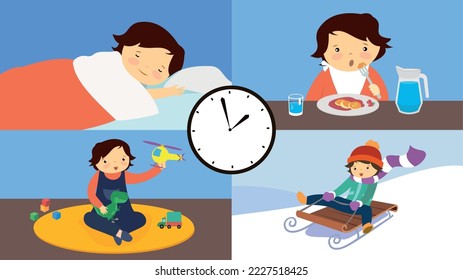 Boy's daily routine - sleeping, eating, playing with toys at home, sledding