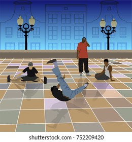 Boys dance breakdance in the background of a night city. Vector illustration