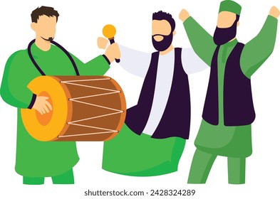 Boys dancing on dhol beat celebrating Azaadi concept, Energetic Musical show vector design, yaum-e-pakistan Symbol, Islamic republic or resolution day Sign 23 March national holiday stock illustration
