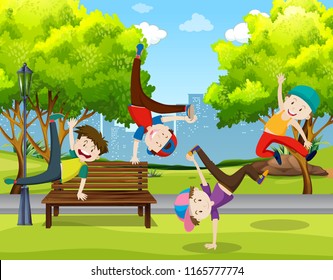 Boys dancing in the park illustration