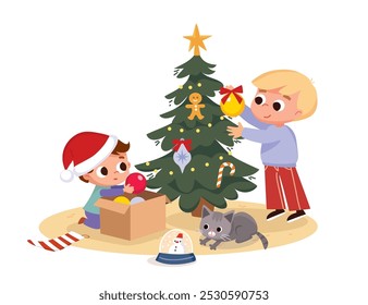 Boys decorating a Christmas tree at home, hang ornaments, wrap lights around the tree, place the topper drape garlands Christmas activities. Kids prepare for Christmas.