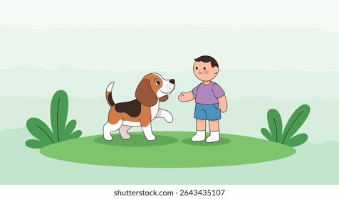 A Boy's Delight: Joyful Playtime with a Beagle Companion in a Vibrant Green Landscape