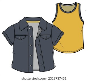 Boys Denim Short Sleeve Shirt, Kids Boy Short Sleeve Jacket Shirt with Tank Top Set Fashion Illustration, Vector, CAD, Technical Drawing, Flat Drawing, Template, Mockup.