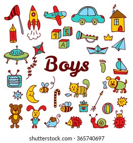 Boys design elements. Cute hand drawn boys collection of toys. Vector illustration