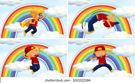 Boys in different acions on rainbow background illustration