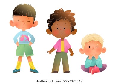 Boys of different age isolated clipart set. Happy boys kids friends, kindergarten characters in different clothes posing. Vector childhood characters illustration clip art for kids design.