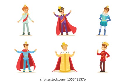 Boys in different costumes of kings and princes. Vector illustration.