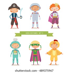 Boys In Different Costumes For Party Or Holiday. Pirate, Astronaut, Prince, Robot, Superhero And Chick Costume. Cartoon Vector Illustration